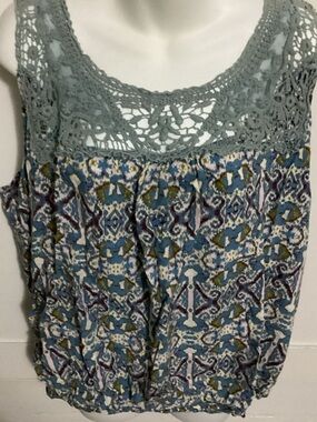 Northcrest Crochet Yoke Patterned Tank Top - Blue, Olive, Cream size 2X